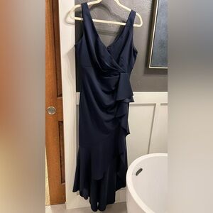 Betsy & Adam ruffled high-low gown. Worn one time. Sz 14P (petite). Navy blue
